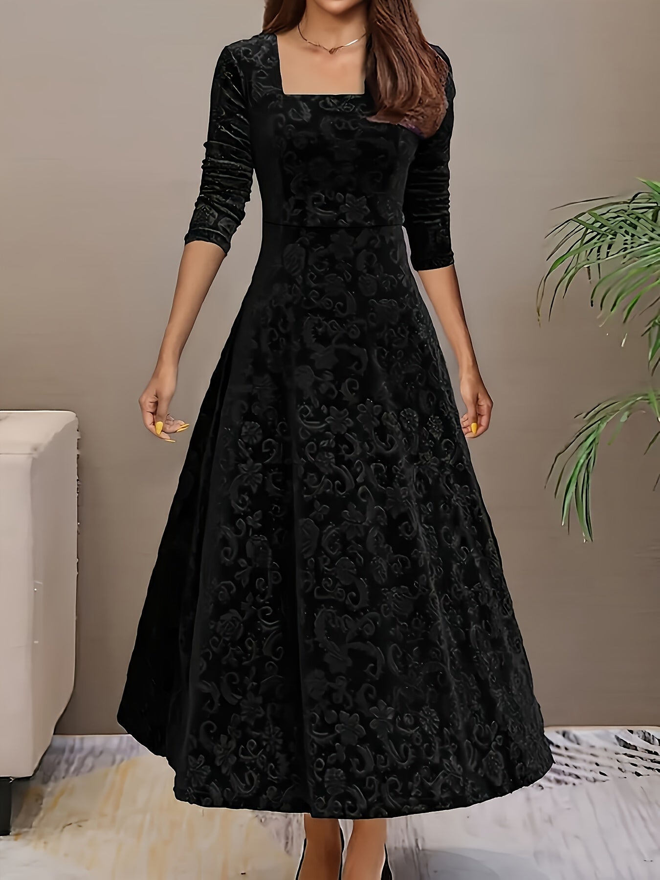 Damen Samt-Kleid Floral Muster