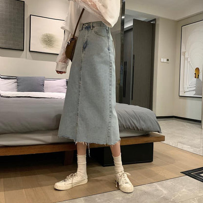Damen Midi-Rock Denim Lässig Fransiger Saum