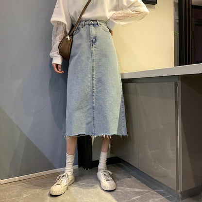 Damen Midi-Rock Denim Lässig Fransiger Saum