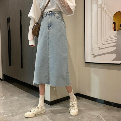 Damen Midi-Rock Denim Lässig Fransiger Saum