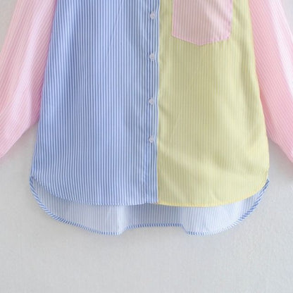 Damen Oversize Bluse Reverskragen Mehrfarbig Streifen