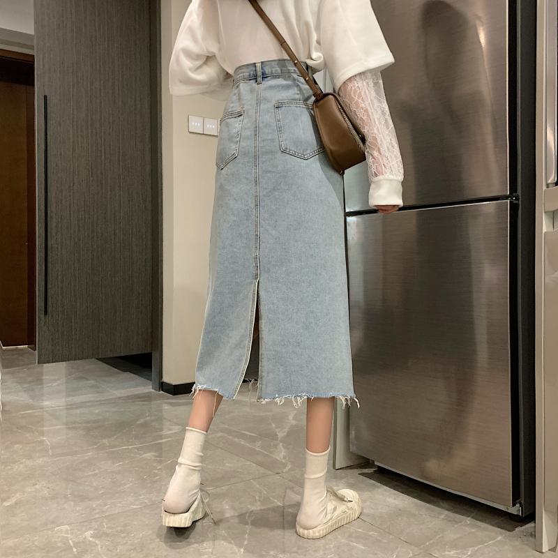 Damen Midi-Rock Denim Lässig Fransiger Saum