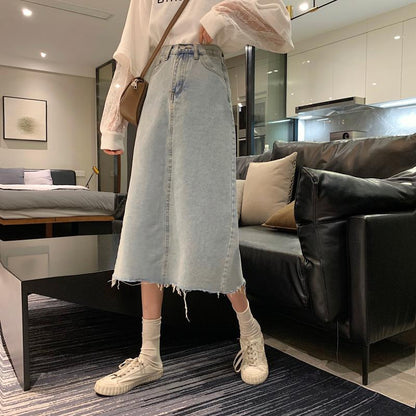 Damen Midi-Rock Denim Lässig Fransiger Saum