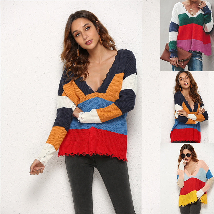 Damen Strickpullover V-Ausschnitt Streifenmuster Norvielle - Norvielle