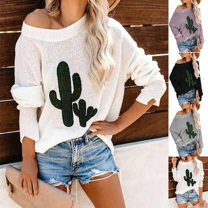 Damen Oversize Pullover Rundhalsausschnitt Cactus-Design Norvielle - Norvielle