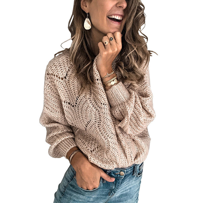 Damen Grobstrickpullover Weit Schnitt Filigran Muster Beige