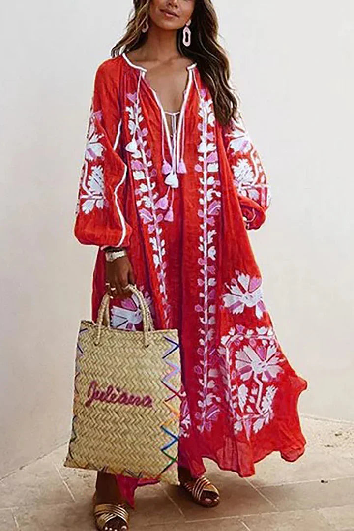 Norvielle Damen Boho-Kleid Blumendruck Lang