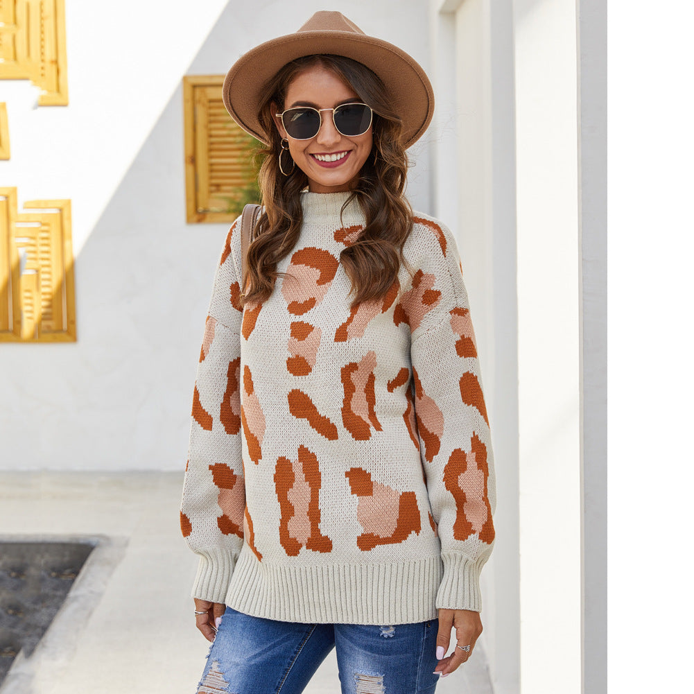 Damen Pullover Tierprint Hochkragen Norvielle