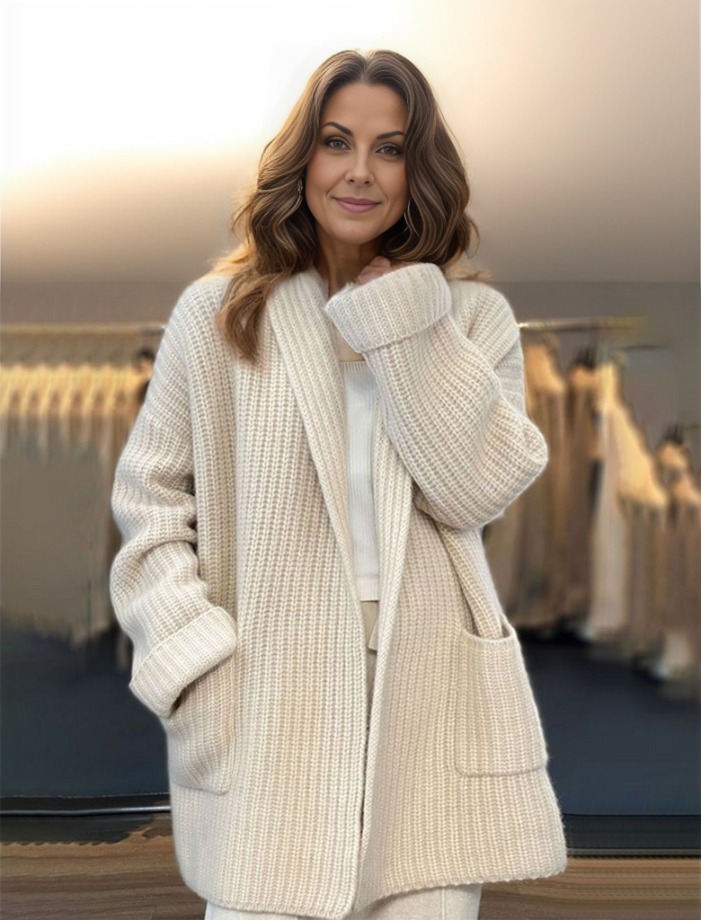 Damen Strickjacke Lang Struktur Beige - Norvielle