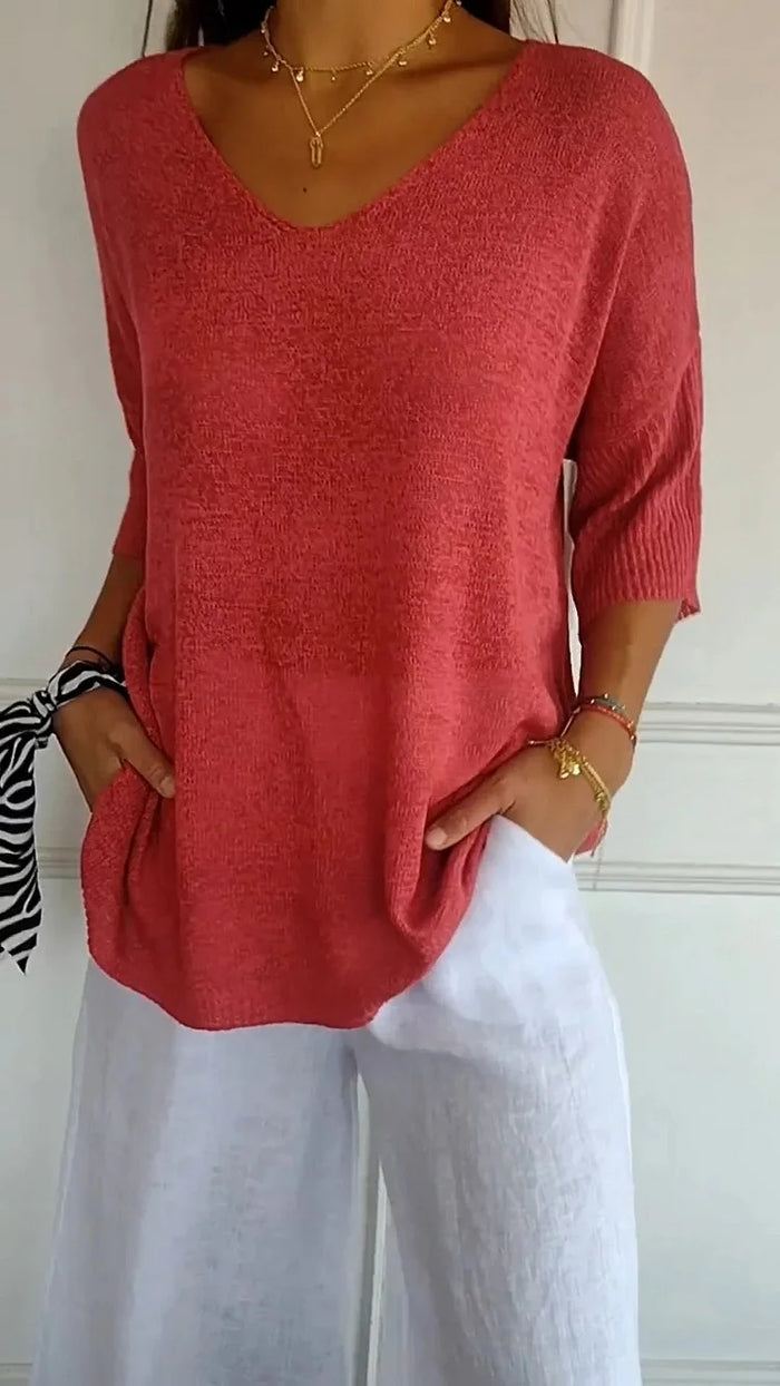 Damen T-Shirt V-Ausschnitt 3/4-Ärmel Lässig - Norvielle