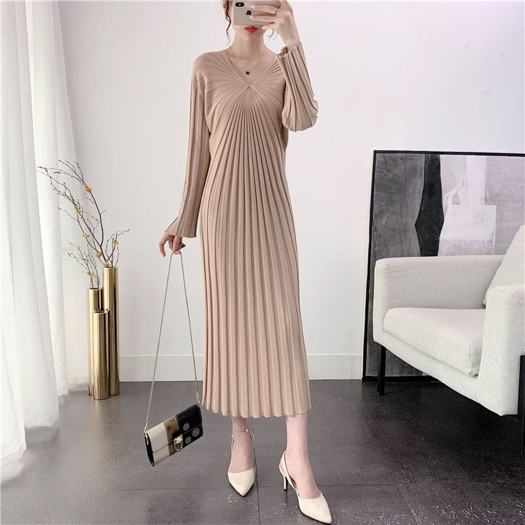 Damen Langkleid Plissiert V-Ausschnitt Norvielle