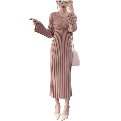 Damen Strickkleid Plissiert V-Ausschnitt Elegantes Design