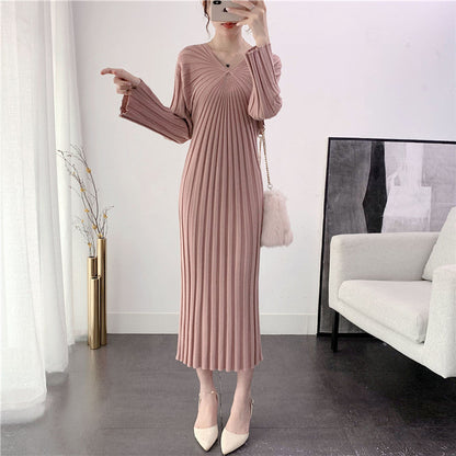 Damen Strickkleid Plissiert V-Ausschnitt Elegantes Design