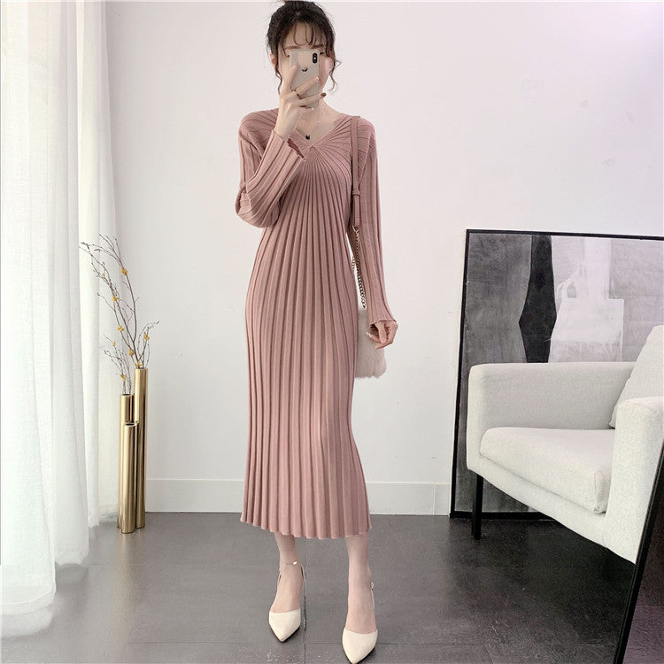 Damen Strickkleid Plissiert V-Ausschnitt Elegantes Design - Norvielle