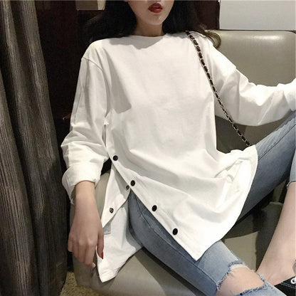 Damen Langarmshirt Asymmetrisch Dekorative Knöpfe