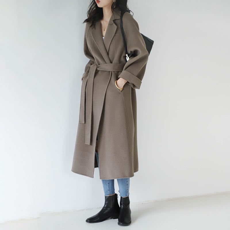 Damen Wollmantel Lang Gürtel Anthrazit - Norvielle