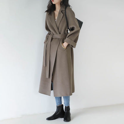 Damen Wollmantel Lang Gürtel Anthrazit - Norvielle