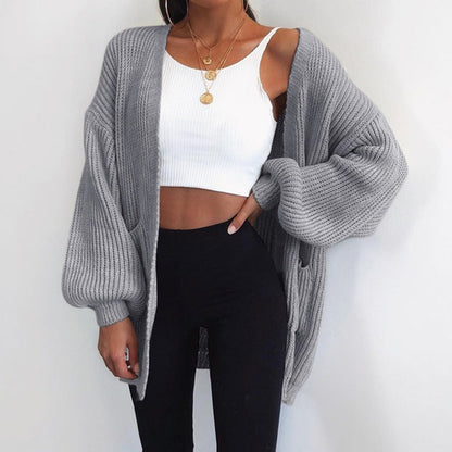 Damen Grobstrick-Cardigan Oversized Ärmel Praktische Taschen Beige