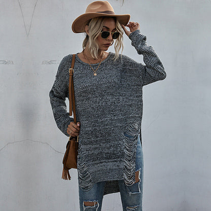 Damen Strickpullover Lässig Fransenoptik Asymmetrisch Norvielle
