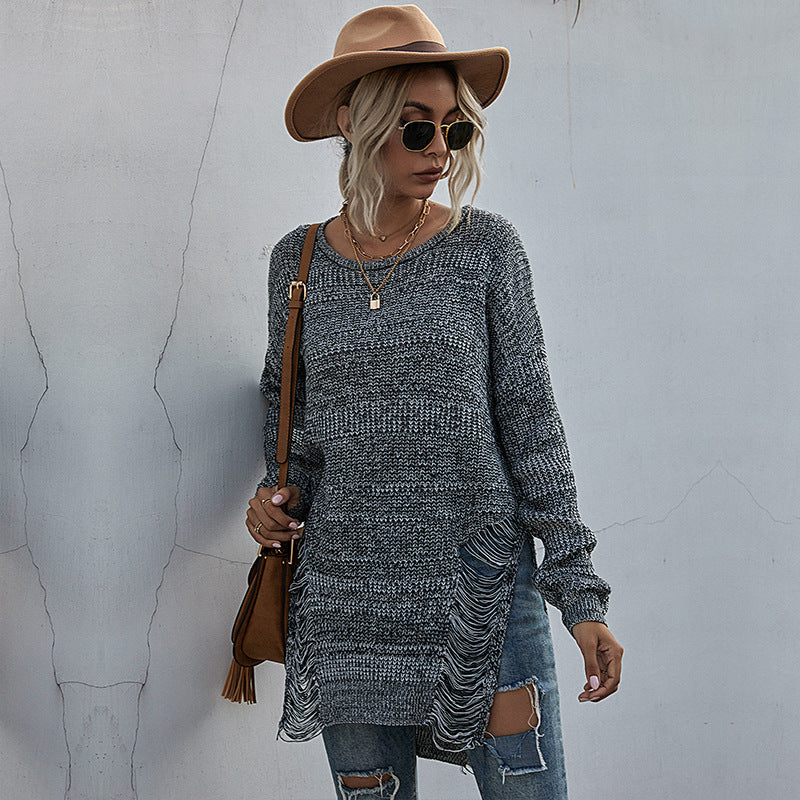 Damen Strickpullover Lässig Fransenoptik Asymmetrisch Norvielle