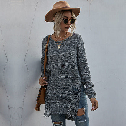 Damen Strickpullover Lässig Fransenoptik Asymmetrisch Norvielle