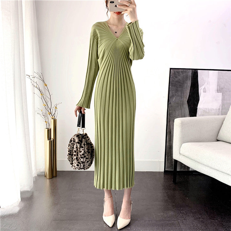 Damen Strickkleid Plissiert V-Ausschnitt Elegantes Design