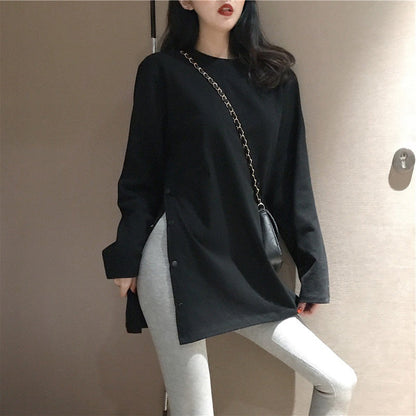 Damen Langarmshirt Asymmetrisch Dekorative Knöpfe