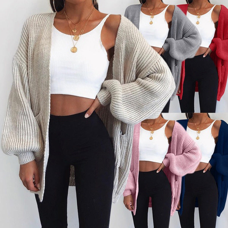 Damen Grobstrick-Cardigan Oversized Ärmel Praktische Taschen Beige - Norvielle