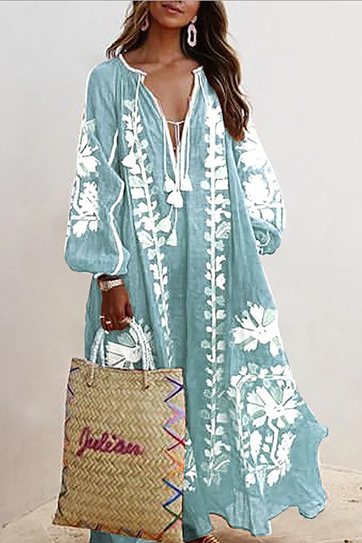 Norvielle Damen Boho-Kleid Blumendruck Lang - Norvielle