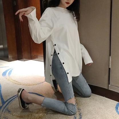 Damen Langarmshirt Asymmetrisch Dekorative Knöpfe