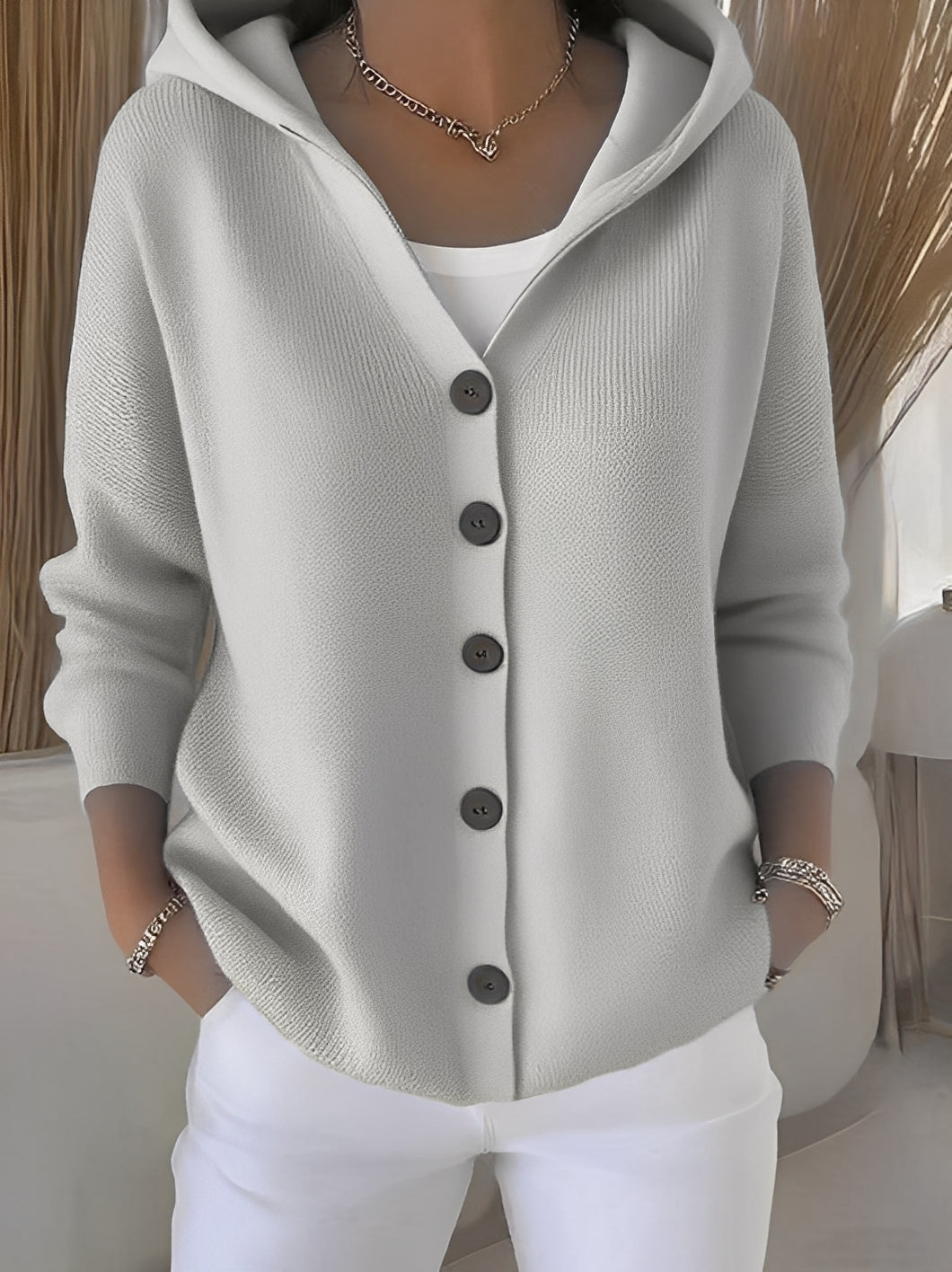 Damen Strickjacke Kapuze Weich Stylisch Beige