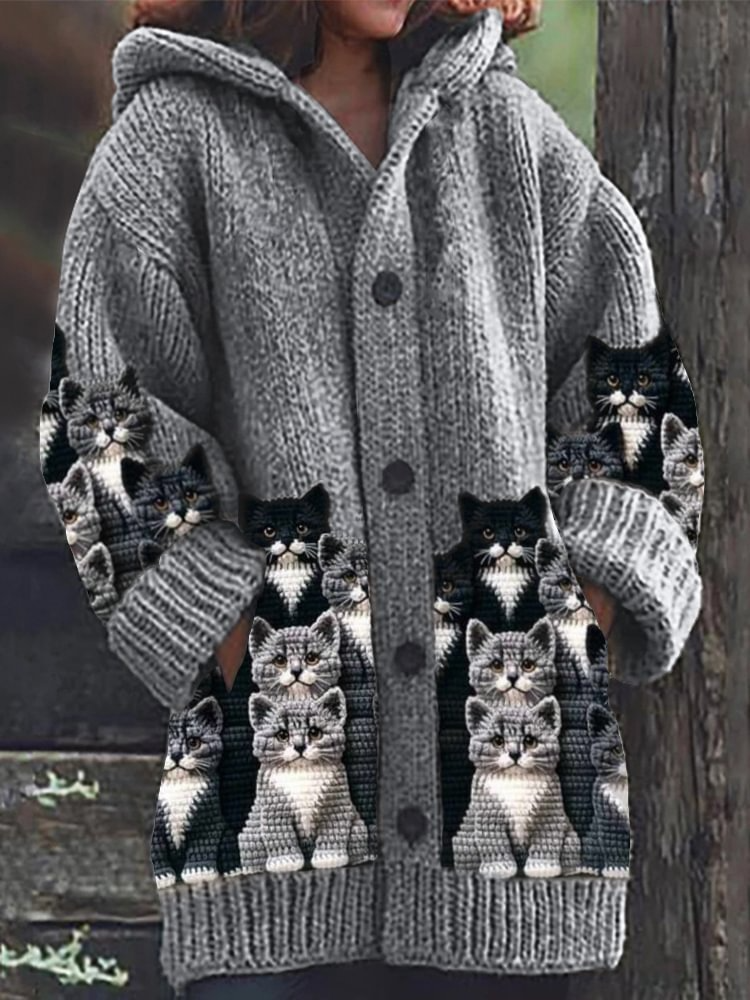 Strickjacke Damen Mit Kapuze Katzenmotiv