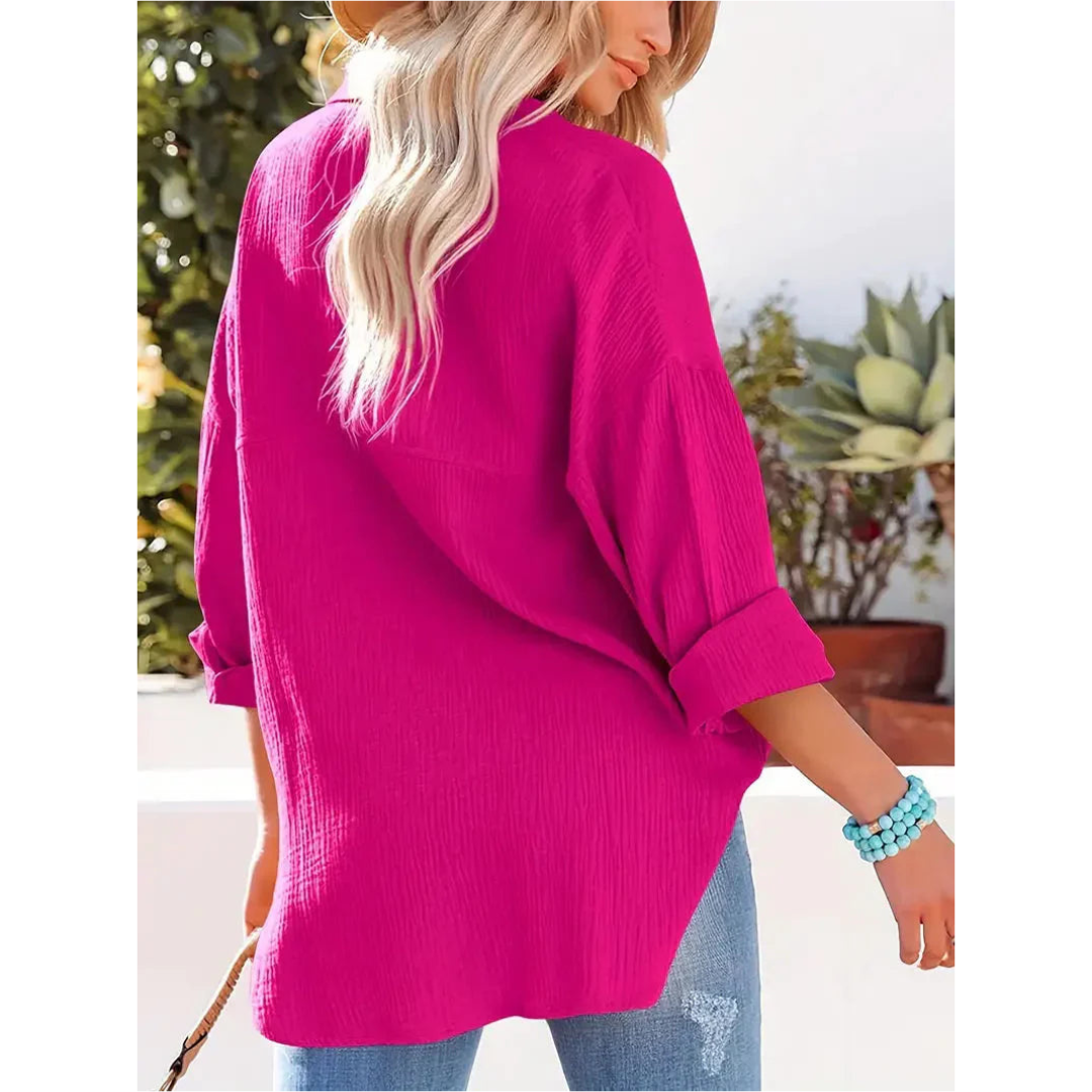 Damen Unifarben Bluse Knopfleiste Hemdkragen Langarm Elegante Bluse