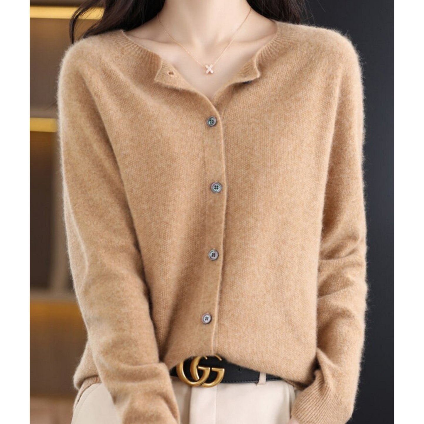 Norvielle Damen Strickjacke Merinowolle O-Ausschnitt