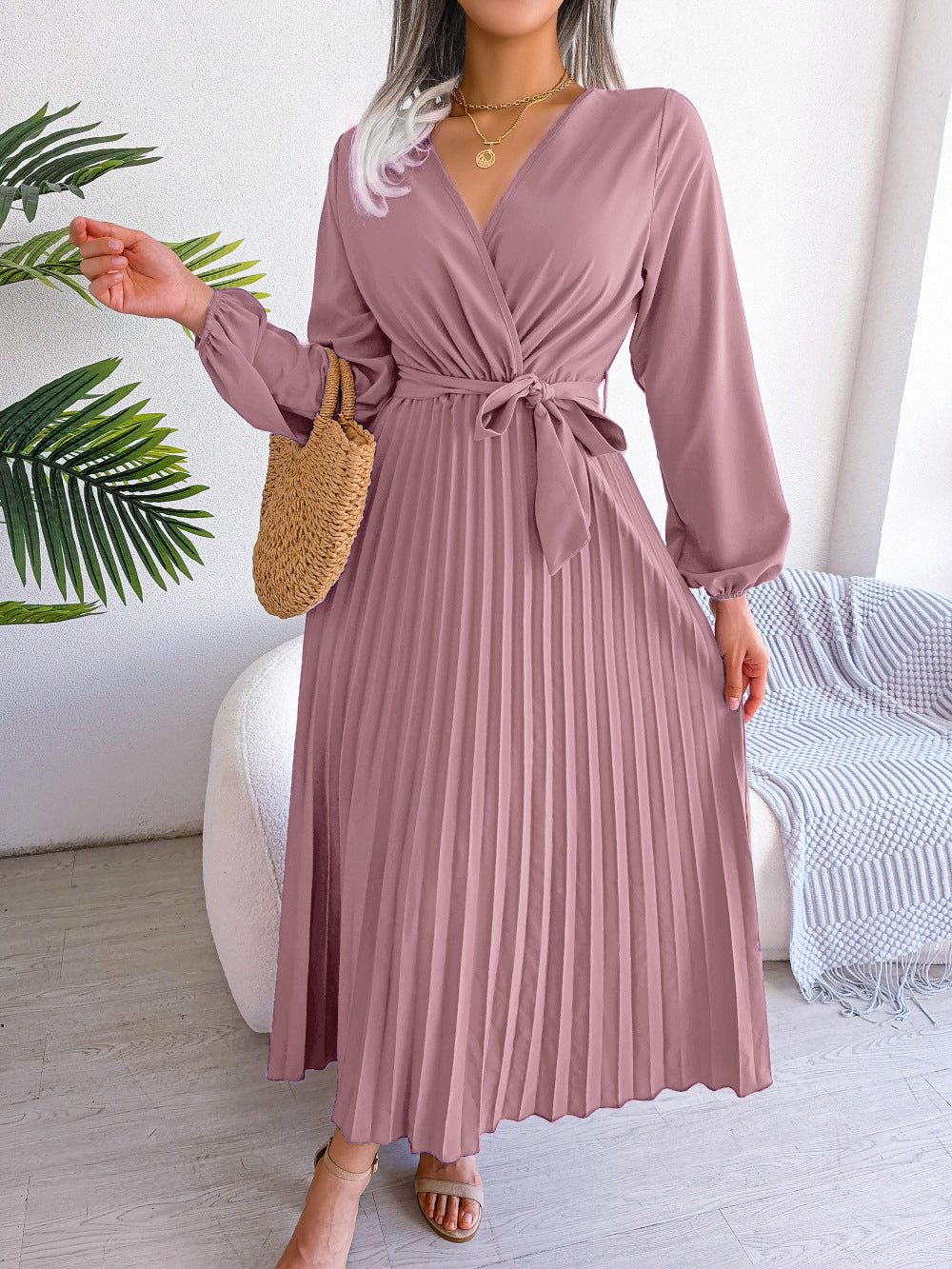 Damen Maxikleid Elegantes Faltenkleid mit Taillengürtel
