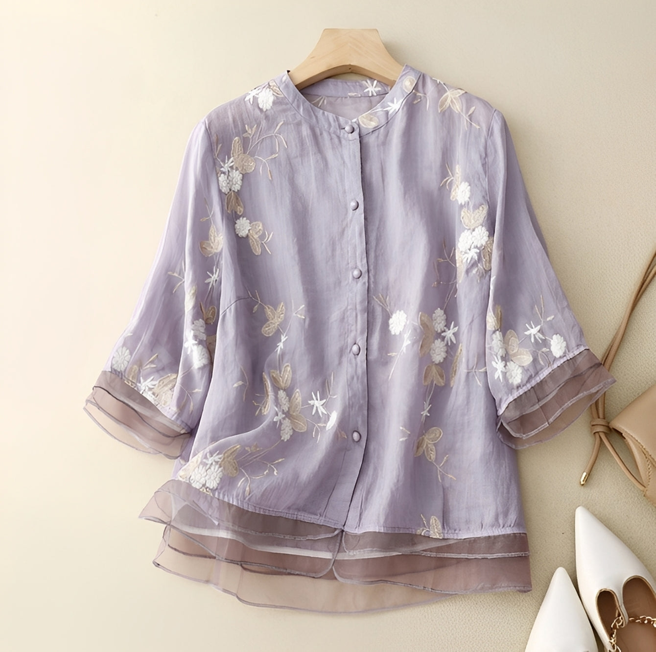 Elegante Damenbluse Gestickte Blumen Weiss - Norvielle