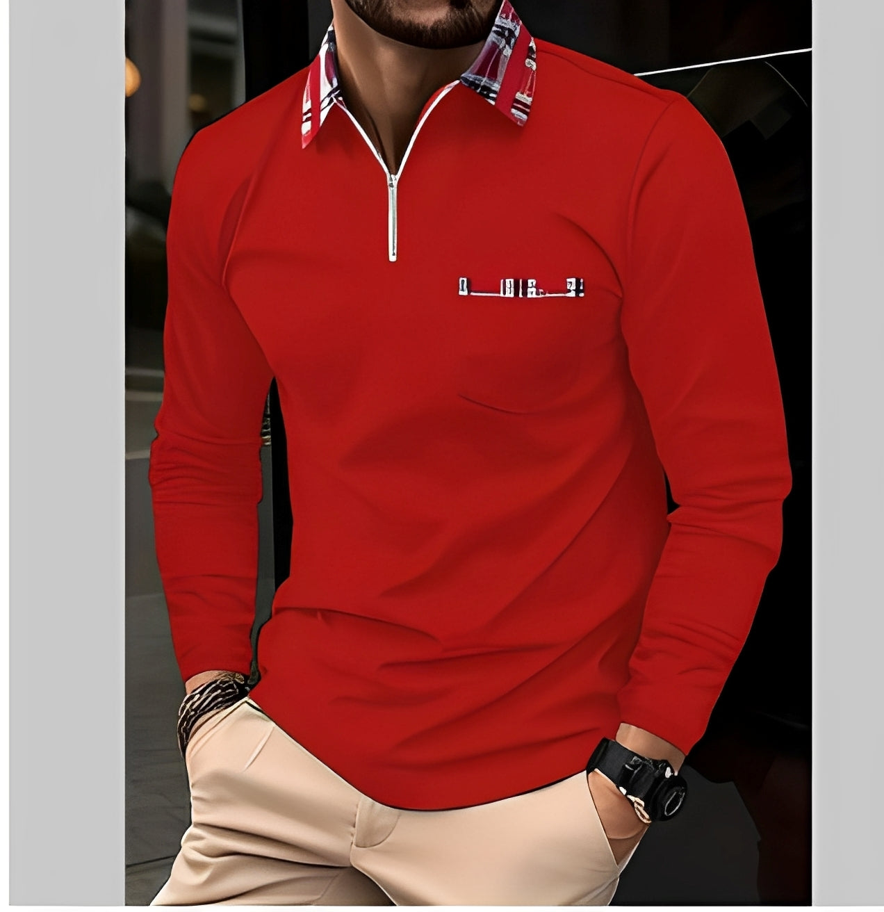 Herren Langarm-Polo Reißverschluss