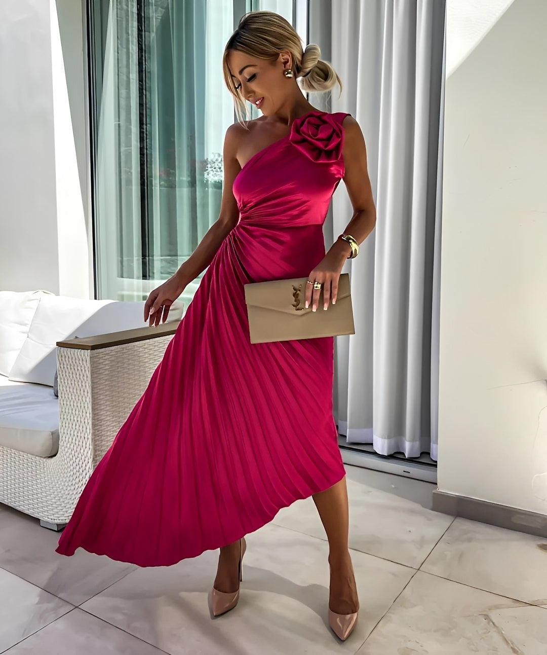 Damen Schulterplissee-Kleid mit Rose Print