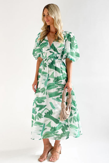 Norvielle Damen Maxi-Kleid Puffärmel Print
