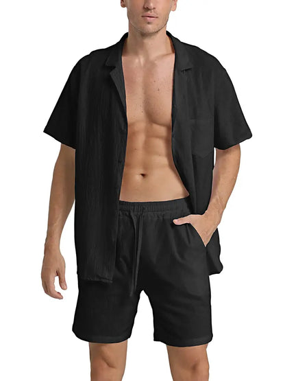 Herren Kurzarm-Hemd Shorts Set Baumwolle Sommerweiß