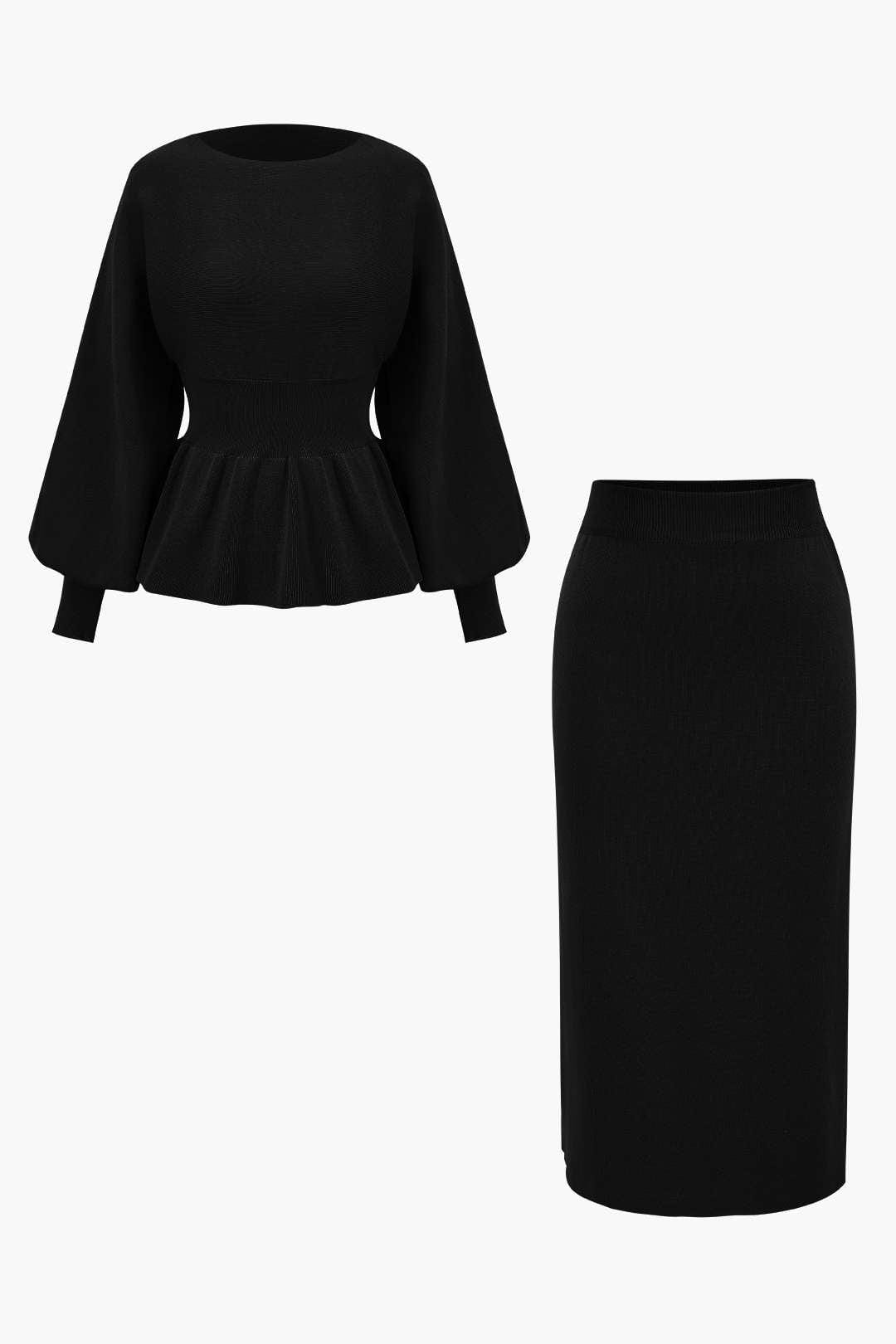 Damen Strick-Set Peplum- Bleistiftrock Elegantes Ensemble