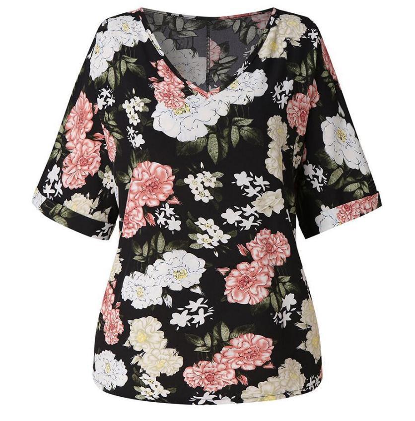 Damen T-Shirt Blumendesign V-Ausschnitt Locker Norvielle