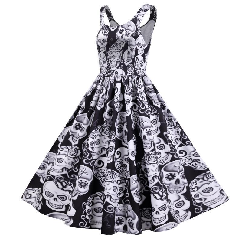 Damen Retro A-Linien Kleid mit Totenkopf-Design Voluminöser Rock