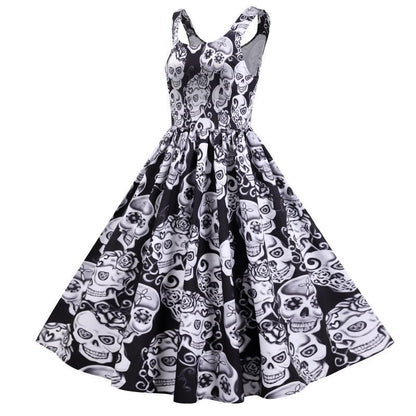 Damen Retro A-Linien Kleid mit Totenkopf-Design Voluminöser Rock