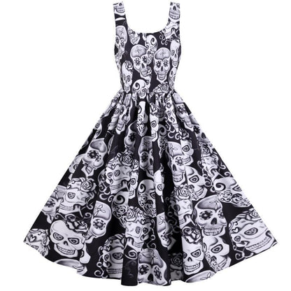 Damen Retro A-Linien Kleid mit Totenkopf-Design Voluminöser Rock