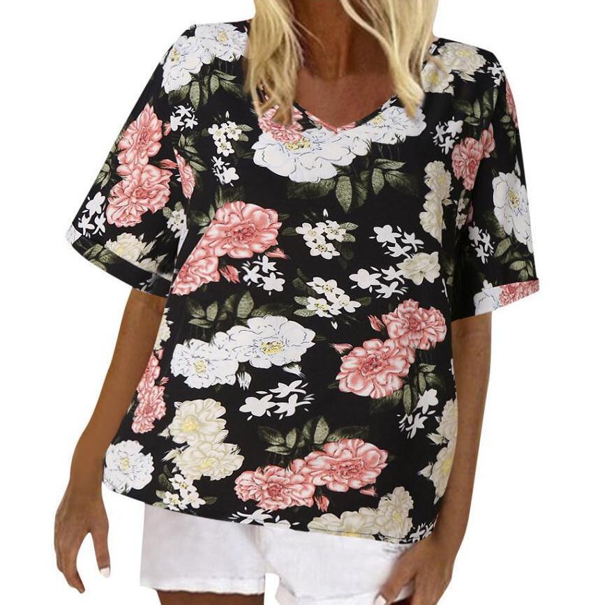 Damen T-Shirt Blumendesign V-Ausschnitt Locker Norvielle - Norvielle