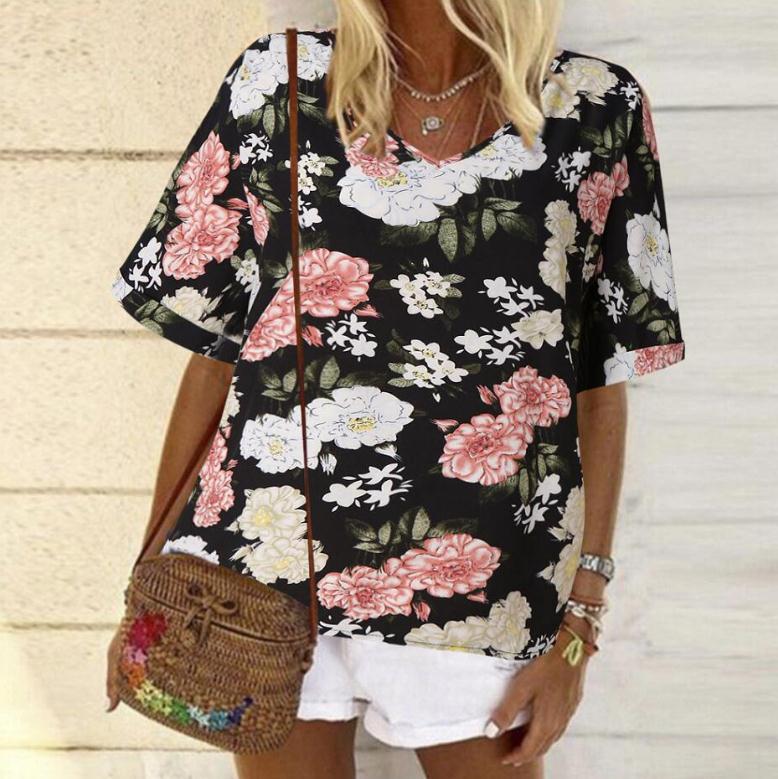 Damen T-Shirt Blumendesign V-Ausschnitt Locker Norvielle