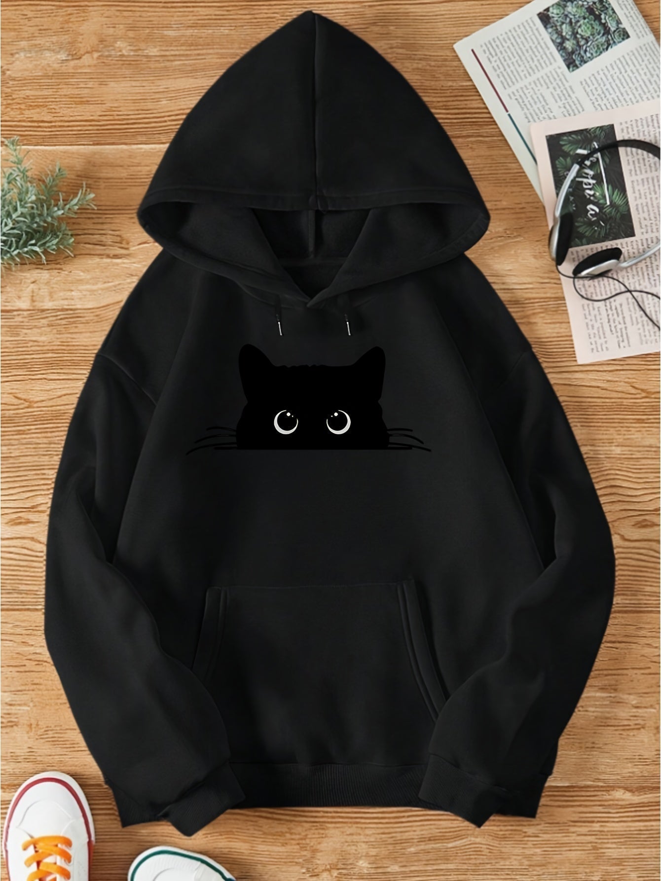 Damen Sweatshirt Hoodie Katzenprint Kapuze Grau