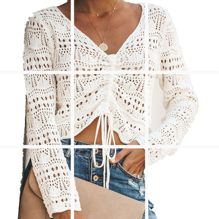 Damen Strickoberteil Häkel-Muster Bindebindung Beige - Norvielle