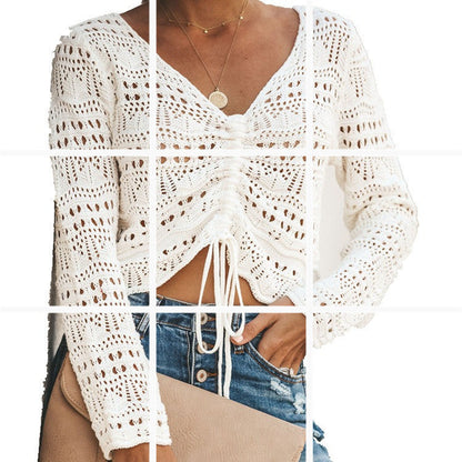 Damen Strickoberteil Häkel-Muster Bindebindung Beige - Norvielle